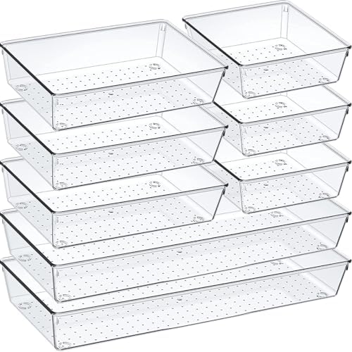 Criusia Drawer Organizer Set, Acrylic Non Slip Non Cracking Kitchen Drawer Storage Tray Large Size Divider, Multifunctional Storage for Cosmetics, Bathroom, Tools, Kitchen and Office (8 PACK) by Criusia