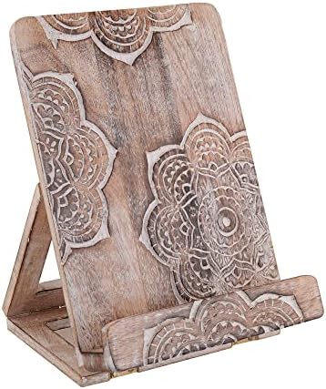Wedding Gifts Mandala Wooden Cookbook Stand for Kitchen Counter Recipe Book Holder for Cooking, Solid Wood Chopping Board Style Foldable and Durable Recipe Holder for Tablets and Cookbooks by EximiousIndia