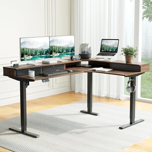 CubiCubi 63"x48" L Shaped Standing Desk with Drawers & Shelf, Deep Walnut - Image 2