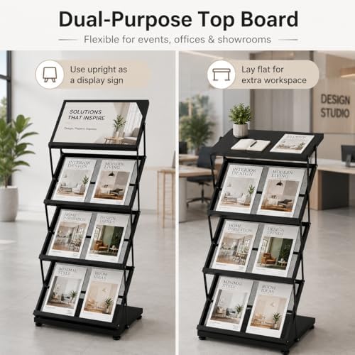 Foldable Magazine Display Racks, 4 Pockets Brochure Display Rack with Wheels, Brochure Catalog Display Stand for Living Room, Hotel, Trade Show, Exhibition, Office - Image 5