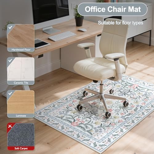 Anidaroel Desk Chair Mat for Hardwood Floor/Tile Floor, 36"x48" Boho Computer Chair Mat, Anti-Slip Floral Office Rugs for Rolling Chairs, Low Pile Beige Desk Chair Mats for Hardwood - Image 5