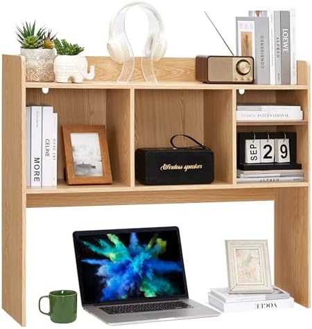 Nromant Desktop Bookshelf, Wooden Desk Storage Hutch with 6 Shelves for Computer Desk, 3-Tier Desktop Display Organizer Rack for Office Home (Natural) - Image 3