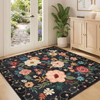 DUKINO 4x4 Square Area Rug, Soft Floral Washable Rug for Entryway, Black by DUKINO