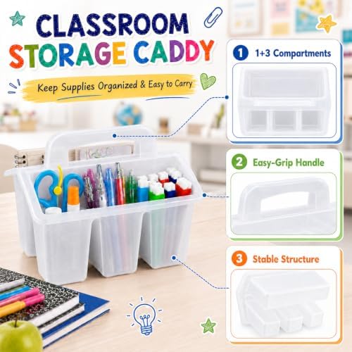 gisgfim 8 Pack Classroom Caddy Storage Basket with Handle 4 Compartment Storage Caddy Plastic Arts Crafts Caddies Protable Classroom Craft Caddies for Students Schools Art Craft Supplies(Clear) - Image 3
