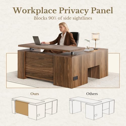 63 Inches L Shaped Standing Desk, Executive Electric Adjustable Desk with Storage Drawers and File Cabinet, AC/USB, 1.18" Thiken Desktop and Privacy Panel for Home Office, Black Walnut - Image 6