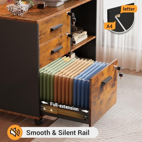 DEVAISE 3-Drawer File Cabinet with Lock, Wood Filing Cabinet, Rustic Brown - Image 5