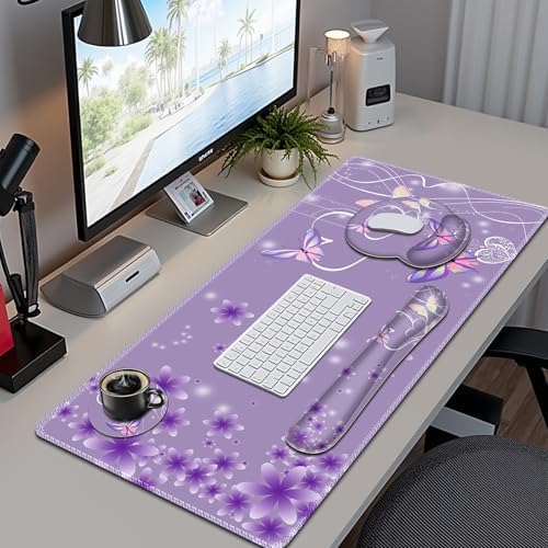 Purple Butterflies Florals Mouse Pad, XXL Large Desk Mat Extended Reading Desk pad, 4PCS Non-Slip Rubber Base Computer Big Mousepads for Work, Game, Office, Home Decor Girls Woemn Gifts Accessories - Image 2