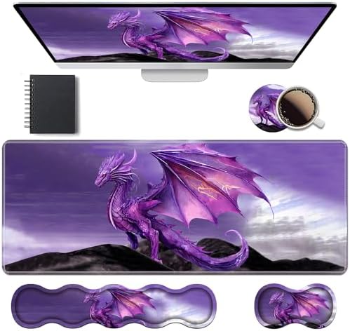 Ergonomic Keyboard Wrist Rest & Mouse Pad Wrist Rest Set, Large XXL Gaming Desk Mat 31.5"x 11.8" with Memory Foam, Easy Typing Pain Relief for Office & Home, Purple Dragon by Unknown