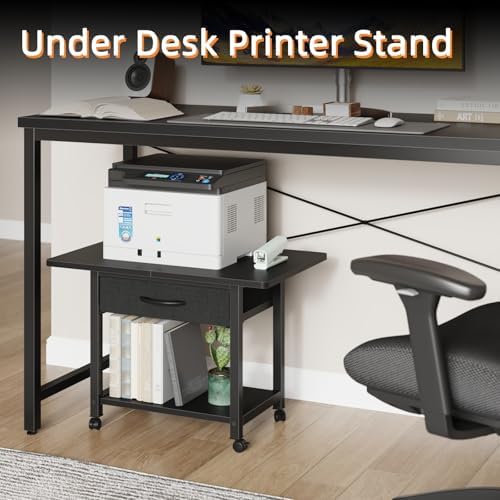 YAOHUOO 22"x15" Large Printer Stand with Drawer, 2-Tier Rolling Table Cart - Image 2