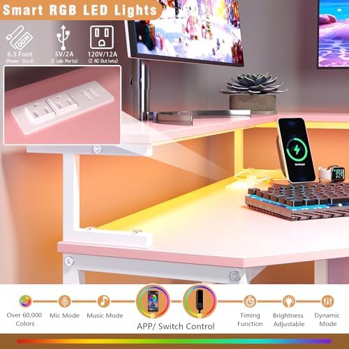 VENNQD Corner Desk with Drawers Shelves for Small Space 90 Degrees Triangle Computer Desk with Power Outlets,Gaming Desk with LED Lights Monitor Stand for Home Office Workstation Writing Table (Pink) - Image 4