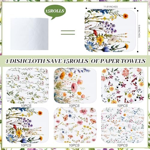 60 Pack Reusable Kitchen Cloths Cotton Towel, Wildflowers - Image 2