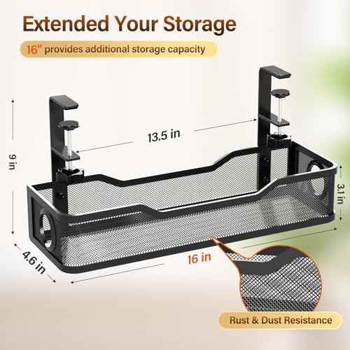 Under Desk Cable Management Large, Cinati 16" Cable Management Box for Table Thickness up to 3", Wire Cord Organizer with Clamp No Drill, No Damage to Desk (Black) - Image 6