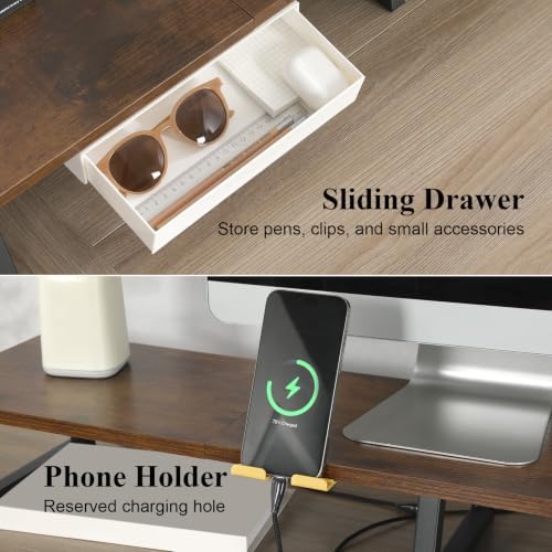 TEAMIX 42 inch Dual Monitor Stand with Storage Drawer & Phone Holder, Brown - Image 3
