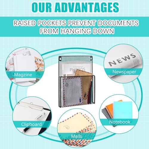AmazingSpark 2 Pcs 12 Inch Metal Wall Magazine Holder High Pocket Mesh Hanging File Organizer Wall Mounted Storage Rack with Screws for Magazines Documents File for Office Home Organization(1.2 Inch) - Image 2