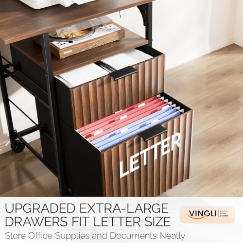VINGLI 2 Drawer File Cabinet with 24'' Extended Desktop, Fluted Filing Cabinet Mobile Under Desk File Cabinet with Wheels, Fabric Drawers Printer Stand for Home Office, Fits Letter Size, Walnut - Image 4