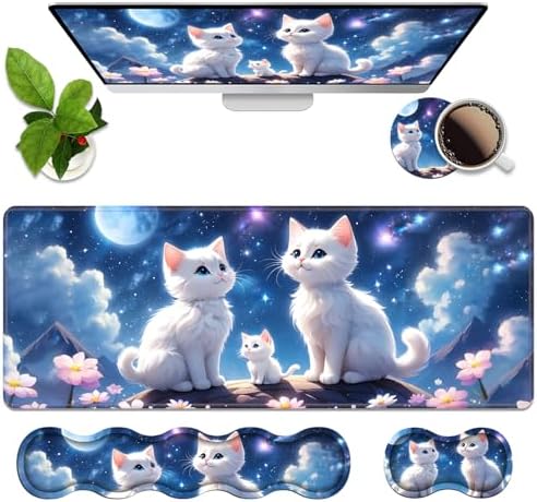 4 in 1 Ergonomic Memory Foam Mouse Pad Wrist Rest Set, Large XXL Gaming Desk Pad + Keyboard Wrist Rest + Mouse Wrist Cushion + Coaster for Home Office Study Gaming, Cute Cat by Unknown