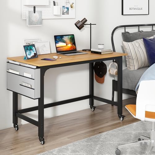 GOFLAME 4ft Conference Table Set of 4, Mobile Home Office Computer Desk, Meeting Room Table w/Detachable Storage Bag & 2 Headphone Hooks, Rolling Seminar Boardroom Table on Wheels, Black + Natural - Image 2