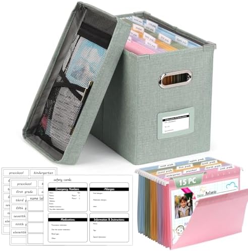 DOSTATNI School Years Organizer Kit K-12 School Years Memory Keeper with 15 Hanging File Folders Plastic 4 different Labels Memory Keepsake Box for kids Storage Pictures File Keeper (Green) by DOSTATNI