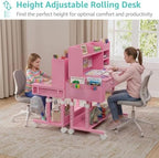 Pink Kids Desk with Hutch, 32" Height Adjustable Mobile Rolling Girls Desk - Image 4
