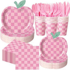 400 Pcs Apple Party Decorations Supplies Serve 50, Back to School Apple Paper Plates Napkins Cups Pink Checkerboard Disposable Tableware Set for Last/ First Day of School Party by Sunnychicc