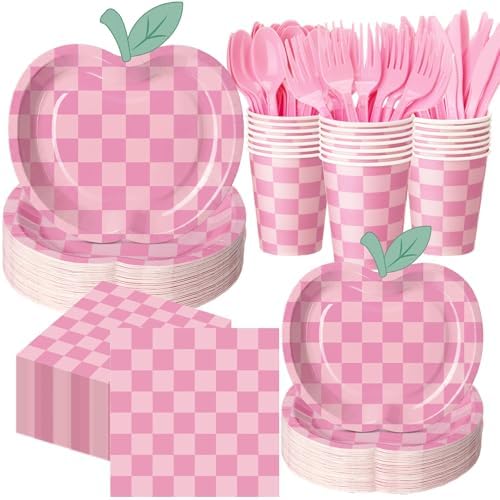 400 Pcs Apple Party Decorations Supplies Serve 50, Back to School Apple Paper Plates Napkins Cups Pink Checkerboard Disposable Tableware Set for Last/ First Day of School Party by Sunnychicc