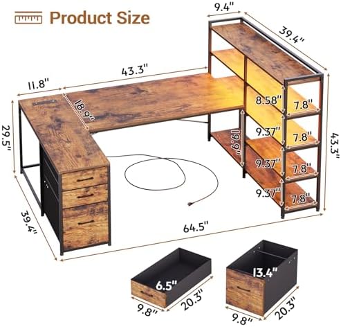 SEDETA 64.5" Reversible L Shaped Office Desk with Storage Drawers, Shelves - Image 2