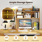 GIANTEX Desktop Bookshelf, 37" Desk Hutch Dorm for Computer Up to 32 Inch, Countertop Hutch w/6 Storage Shelves, 3-Tier Desktop Organizer Display Rack, Wood Desk Shelf for Home Office (Burlywood) - Image 4