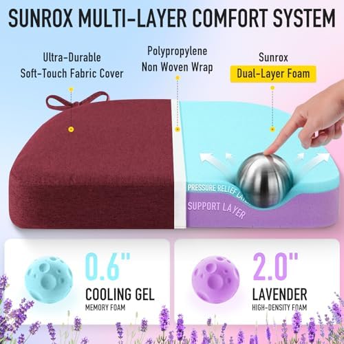 SUNROX Cooling Gel Memory Foam Chair Cushions, 2.6" Thick U-Shaped Dual-Layer Comfort Dining Chair Pads, Non Slip Seat Cushion with Ties for Indoor Kitchen Office 17"x16" Set of 4, Burgundy - Image 2