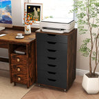 GIANTEX 7-Drawer Storage Cabinet, Mobile File Organizer with 4 Universal Casters, Wooden Vertical Filing Cabinet on Lockable Wheels for Office, Study, Living Room (19.5” x 16” x 34.5”,Brown+Black) - Image 2