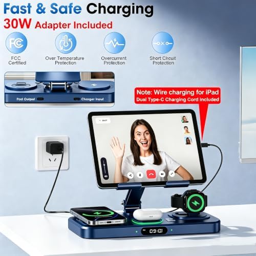 6 in 1 Wireless Charger for Apple Multiple Devices, Charging Station with Clock &7 Color Ambient Light, Foldable Rotate Stand for iPad, for iPhone17/16/15, Support for Apple Watch11/10 For AirPods4 - Image 3