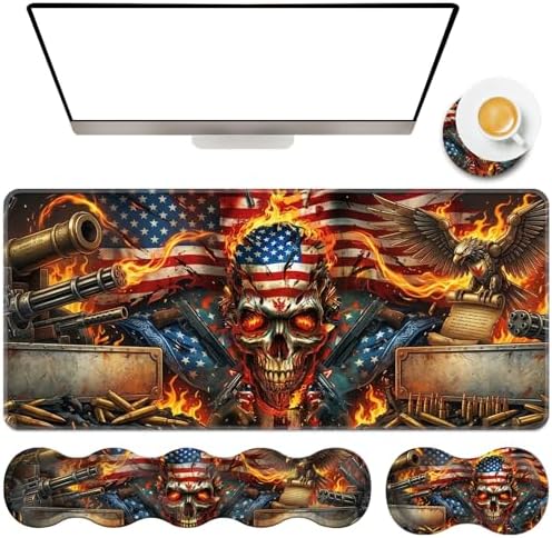 TGFEWYTJYJ Extended Gaming Mouse Pad,Memory Foam Ergonomic Keyboard Mouse Wrist Rest Support Set,Large Desk Mat with Stitched Edges,Non-Slip Base Mousepad Home Office,Flame Skull American Flag by GFEWYTJYJ