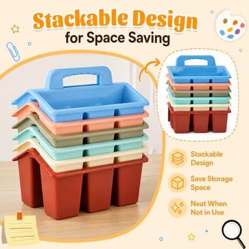 Plastic Classroom Caddy with Handle, 6 Pack 4-Compartment Teacher Supply Organizer, Stackable Desk Caddies for Pencils, Markers, Crayons, Art Craft Supplies, School Office Home, Modern Pastel Colors - Image 5