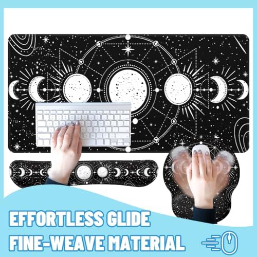 Moon Phase Desk Mat Set Celestial Astrology Black White Large Mouse Pad with Wrist Rest 4in1 Desk Mat for Desktop Ergonomic Computer Desk Arm Wrist Anti-Slip Computer Mouse Pad Home Office Gaming - Image 4