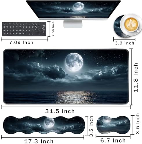 Keyboard Wrist Rest and Mouse Pad with Wrist Support Set Ergonomic Coaster,Memory Foam,Easy Typing Pain Relief,Large XL Desk Mat 31.5"x 11.8",Moon Ocean - Image 2