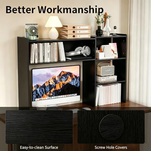 Aetheris Desktop Bookshelf, 43”Adjustable Office Desktop Organizer Shelf, Countertop Storage Hutch with 4 Shelves for Computer Desk, Adjustable Desk Hutch, Wooden Desktop Bookcase (Black) - Image 7