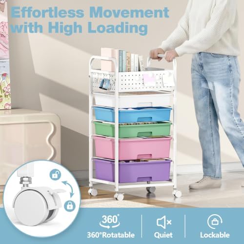 5 Drawer Rolling Storage Cart with Pegboard Top and Hooks, Ice Cream - Image 5