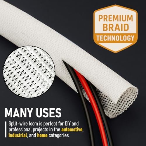 MGI SpeedWare Braided Split-Sleeve White Wire Loom for High-Temperature Automotive Harness and Home Cable Management 25 feet (3/4") - Image 3