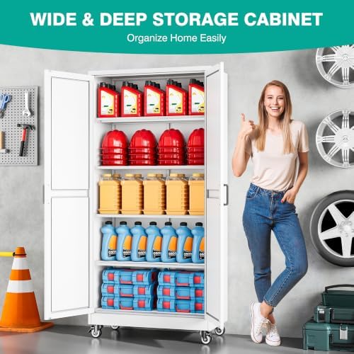 Wide & Deep Metal Storage Cabinet with Wheels,72 inch Tall Rolling Garage Storage Cabinet,Metal Cabinets with Wheels and Shelves, Deep Heavy Duty Tool Cabinet for Garage,Home,Office,Shop (White) - Image 2
