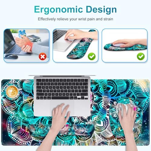 Large Mouse Pad with Wrist Support 4 in1 Set, XXL Big Game Mousepad + Keyboard Wrist Rest+Mouse Wrist Rest+Coaster Ergonomic Gaming Mat for Home Office Table Computer I Nice Green Mandala - Image 2