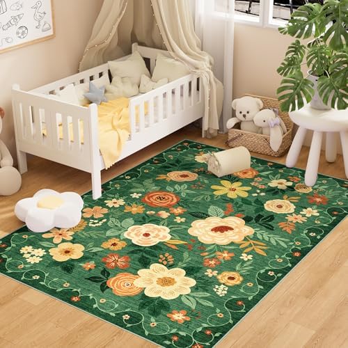DUKINO 3x5 Area Rug, Floral Washable Rug for Bedroom Non Slip, Dark Green by DUKINO