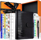 PU Leather Personal Notebook Planner with 80 Pages Loose-Leaf Papers 6 Holes Ring Binder Pen Holder Magnetic Buckle (Black Faux Crocodile Texture, A6 Gift Box) by Zelten