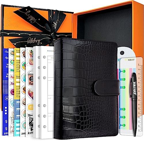 PU Leather Personal Notebook Planner with 80 Pages Loose-Leaf Papers 6 Holes Ring Binder Pen Holder Magnetic Buckle (Black Faux Crocodile Texture, A6 Gift Box) by Zelten