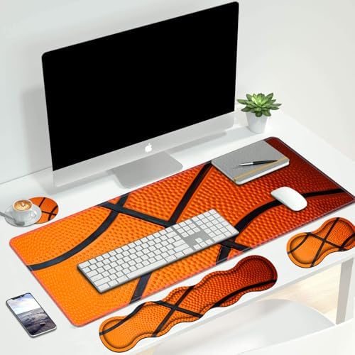 4 in 1 Ergonomic Keyboard Wrist Rest & Mouse Pad Wrist Rest Set, Large XXL Gaming Desk Mat 31.5"x 11.8" with Non-Slip Base, Memory Foam for Home Office Study Gaming, Basketball Surface - Image 7