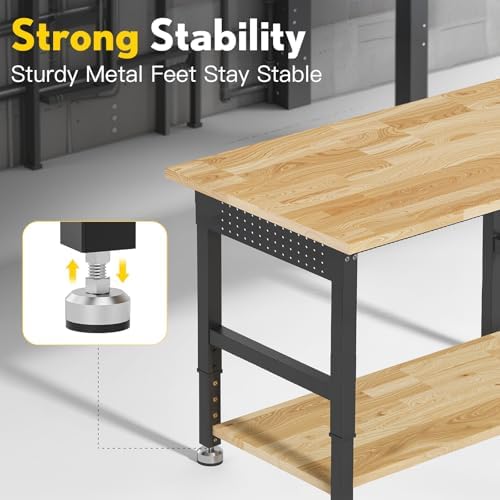 96” Adjustable Work Bench, 2-Layer Heavy Duty Workbench, 6000 LBS Capacity Workbench with Pegboard & Power Outlet, Rubber Wood Work Table for Garage, Office, Workshop, Home - Image 7