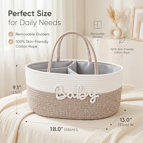 Baby Diaper Caddy Organizer with Removable Compartments, 18"L x 13"W x 9"H Super Large, 100% Handmade Woven Cotton Rope, Portable Nursery Storage Basket for Car and Changing Table, Shower Newborn Gift - Image 5
