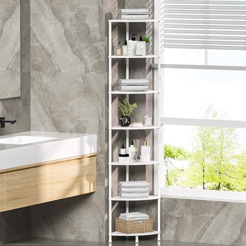 7 Tier Corner Shelf Stand, 64.7", Marble White - Image 4