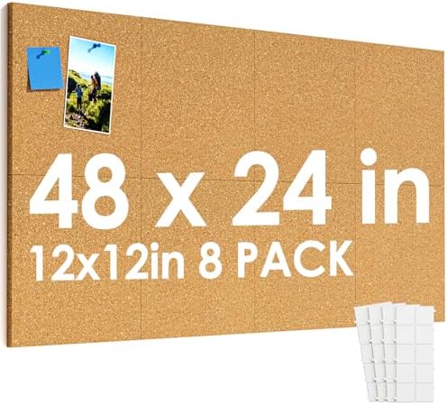 MaxGear 48" x 24" Large Cork Board for Wall, 8 Pack 12" x 12" Tiles by MaxGear