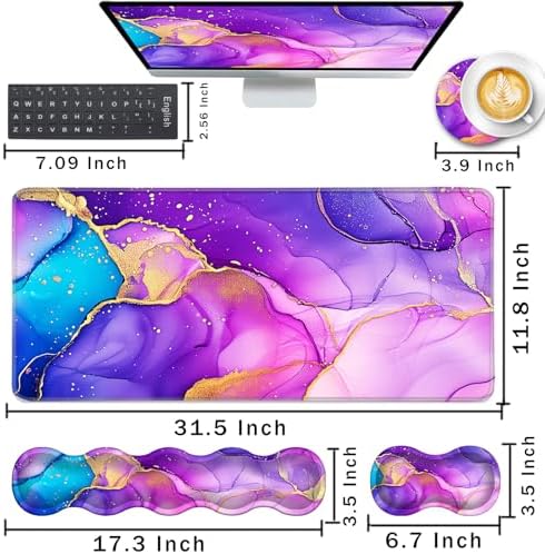 Keyboard Wrist Rest and Mouse Pad with Wrist Support Set Ergonomic Coaster,Memory Foam,Easy Typing Pain Relief,Large XL Desk Mat 31.5"x 11.8",Marble Purple - Image 2