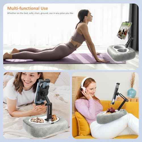 Pillow Tablet Holder Stand, 360°Adjustable Tablet Pillow Mount for Bed Lap Desk [Soft Skin-Friendly Fabric] fit for iPad, Galaxy Tab, Kindle, Fire, Phone, 4-13" (Detachable Washable, Gray) - Image 3