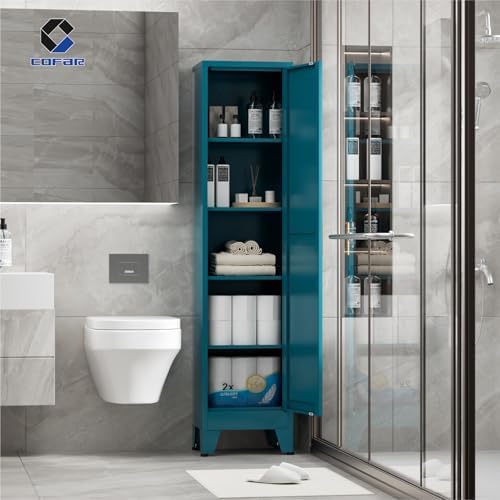 COFaR 67'' Tall Narrow Bathroom Storage Cabinet, Metal Farmhouse Skinny Pantry Cabinet with 4 Adjustable Shelves and One Door, Slim Cabinet Storage for Kitchen Laundry, 5-Tier Peacock Blue - Image 4